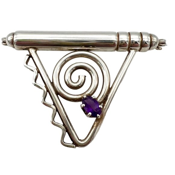 Joan Z. Horn Sterling Silver Brooch Pin Faceted Amethyst Geometric Modernist 925 - Picture 2 of 7